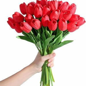 SITUMEIZI 15pcs Red Fake Tulips Artificial Flowers Real Touch Red 14" Silk Flower for Home Kitchen Decor Spring Easter Wedding Bouquet Decorations Office Valentine's Day Gifts