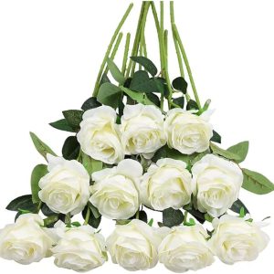 Tifuly White Roses Artificial Flowers -12 pcs Realistic Single Long Stem Fake Silk Roses Bouquet for Party Home Wedding Centerpiece Office DIY Decor（Off White）