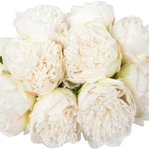 U'Artlines 2 Bouquet 10 Heads Artificial Peony Silk Flower Leaf Home Office Wedding Party Festival Bar Decor (Cream White)