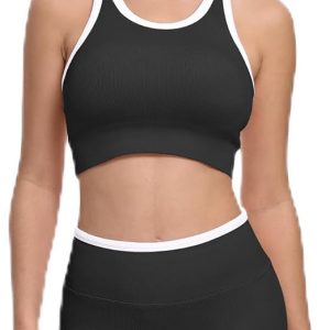 Women 2 Piece Ribbed Workout Sets - Seamless Yoga Shorts Outfit and Sport Crop Top Matching Gym Set