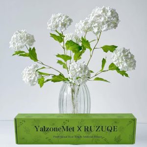 YalzoneMet 4 Pcs 26.8'' Viburnum Artificial Flower Snowball Lifelike Long Stem Real Touch White Small Hydrangea Latex Flower for Home Christmas Decoration