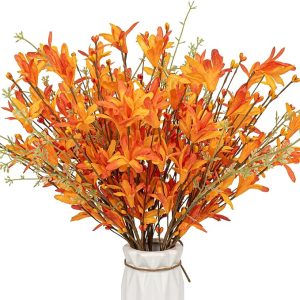 12 Pack Artificial Fall Flowers Orange Floral Picks Forsythia Stems with Pip Berries for Flower Arrangement Centerpieces Autumn Harvest Festival Thanksgiving Day