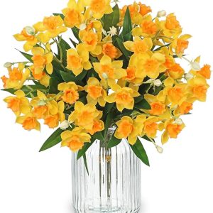 15" Artificial Daffodil Bouquets Set of 3, Faux Narcissus Flowers with Green Leaves & Unbloomed Buds, Fake Yellow Flowers for Home & Office Decor
