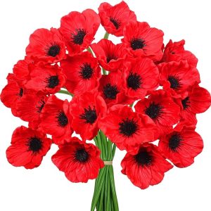 24 pcs Artificial Red Flower Stems PU Real Touch Flower Fake Flowers in Red with Black Center 11.6" Tall for Wedding Bouquets Corsages Centerpiece Floral Arrangements