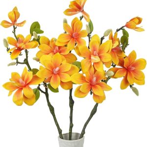 3Pcs Yellow Fake Flowers Magnolia Long Stem Artificial Flowers for Tall Vase Artificial Branches Silk Flowers Home Decor Indoor Bedroom Kitchen Centerpiece Table Decorations