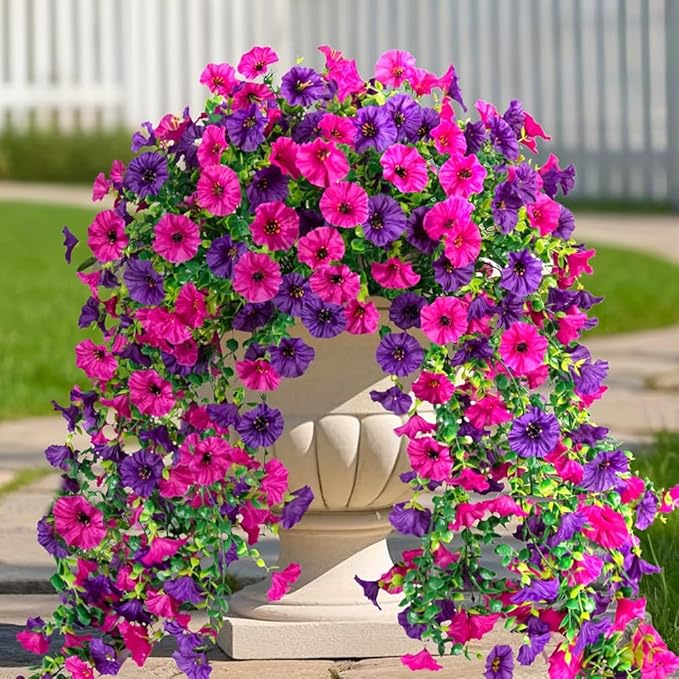 4PCS Artificial Morning Glory Flowers with Eucalyptus Bouquet Lifelike UV Resistant Fake Plants Silk Hanging Flowers for Outdoor 4PCS Artificial Morning Glory Flowers with Eucalyptus Bouquet Lifelike UV Resistant Fake Plants Silk Hanging Flowers for Outdoor