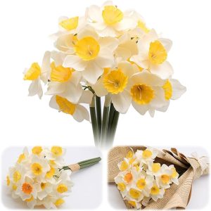 6 Stems Daffodils Artificial Flowers, 15 inch Artificial Daffodils That Look Real, White Faux Daffodil Bouquet, Silk Narcissus Fake Flowers for Home Office