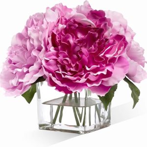 Artificial Peonies Flowers Arrangements in Cube Glass Vase, WELLKNOWN Silk Flower Centerpieces for Dining Room Table, Coffee Table Decor, Faux Peony Flowers with Faux Water