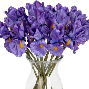Hollyone Iris Artificial Flowers 15Pcs Faux Iris Purple Flowers 14.2" Real Touch Fake Flowers Picks Bouquets for Wedding Bridal Home Arrangements Office Table Centerpieces Decor