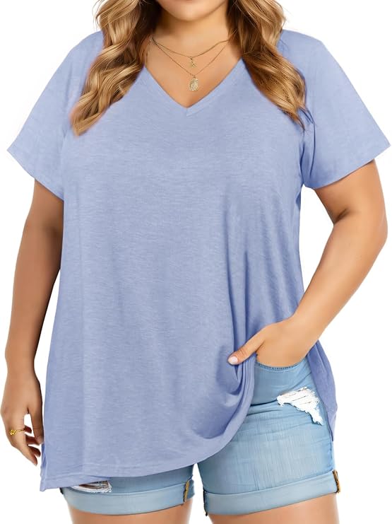 JOELLYUS Plus Size Tops for Women Summer Top Loose Fit Tee Shirts V Neck Short Sleeve Blouse JOELLYUS Plus Size Tops for Women Summer Top Loose Fit Tee Shirts V Neck Short Sleeve Blouse