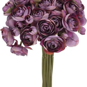 MECCANIXITY Artificial Ranunculus Flowers, 18pcs Dark Purple Faux Silk Flowers Bouquets Flower for DIY Bouquet Home Wedding Centerpieces Floral Arrangements Outdoor