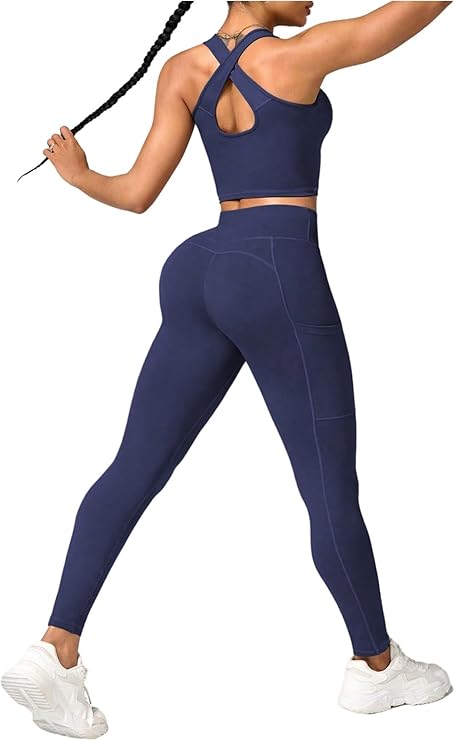 SHENHE Women's Workout Set 2 Piece Criss Cross Longline Sports Crop Tank Top High Waist Leggings SHENHE Women's Workout Set 2 Piece Criss Cross Longline Sports Crop Tank Top High Waist Leggings