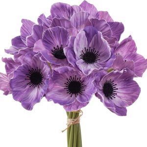 WELL KNOWN Purple Artificial Flower with Stems, 10pcs PU Real Touch Poppy Realistic Fake Flowers for Veterans Day Floral Arrangement Graduation