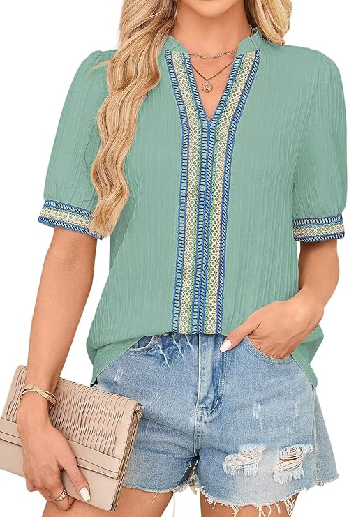 Womens Summer Tops Short Sleeve Lace V Neck Shirts Business Casual Flowy Boho Blouses Dressy Work Outfit Trendy 2025 Womens Summer Tops Short Sleeve Lace V Neck Shirts Business Casual Flowy Boho Blouses Dressy Work Outfit Trendy 2025