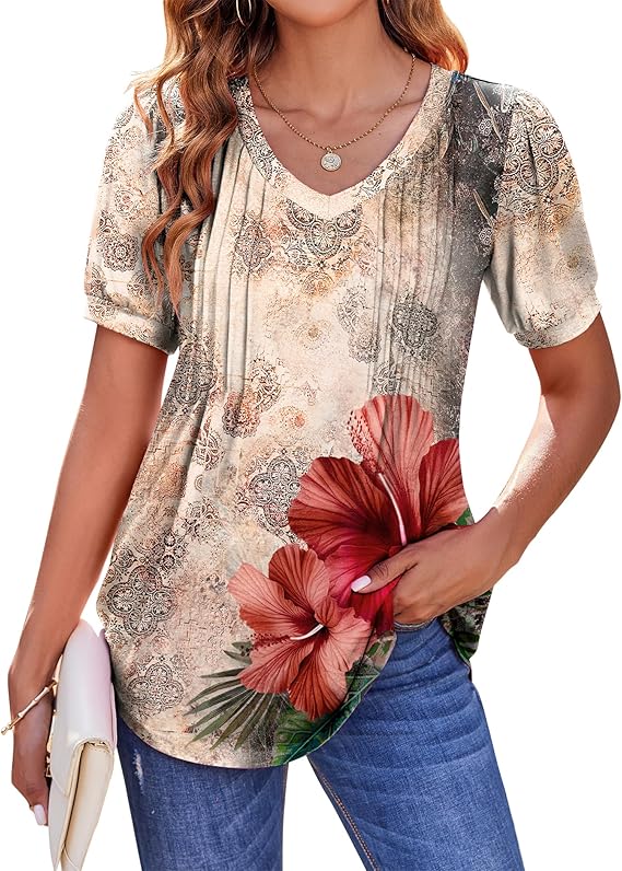 Zeagoo Women's Puff Short Sleeve Boho Shirts Casual V Neck Floral Solid Summer Blouse Pleated Tunic Top Zeagoo Women's Puff Short Sleeve Boho Shirts Casual V Neck Floral Solid Summer Blouse Pleated Tunic Top