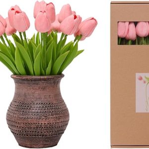 ucky Pink Artificial Flowers 20 Pcs Fake Tulips Realistic Touch Spring Summer Fake Flowers for Home Decor, Outdoor Garden Parties and Wedding Deco