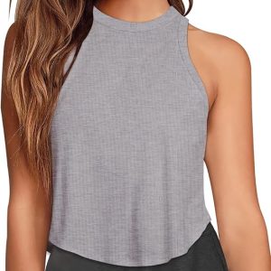 LASLULU Womens Crop Tops Sleeveless Workout Tops Halter Neck Flowy Athletic Shirts Cropped Tank Muscle Tank