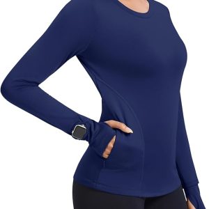 Loovoo Thermal Shirts for Women Long Sleeve Workout Tops Crewneck Fleece Base Layer Running Athletic Tee with Zipper Pocket