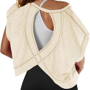 SENSERISE Womens Open Back Workout Tops Backless Short Sleeve Athletic Shirt Running Crop Top Gym Yoga Tee
