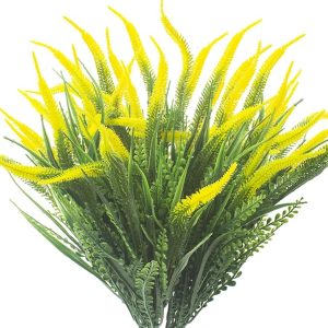 10 Bundles Artificial Plants Outdoor Fake Grass with Flowers UV Resistant Greenery Garden Porch Window Box Decorating (Yellow)