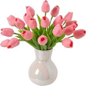 20 Pcs Artificial Apricot Pink Tulips Fake Flowers Bouquet, 13.3" Bendable Cuttable Stems PU Petals Realistic Tulip Faux Flowers for Home Office Wedding Decor