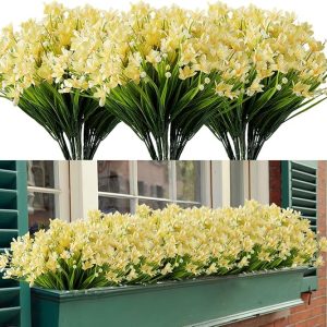 4 Bundles Artificial Daffodils Flowers, Fake Artificial Greenery UV Resistant No Fade Faux Plastic Plants for Wedding Bridle Bouquet Outdoor Home Garden Kitchen Office Table Vase