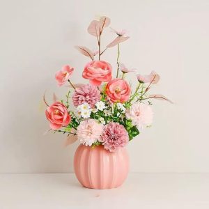 Artificial Flowers, Fake Flowers in Vase, Silk Flowers with Ceramic Vase, Faux Flowers Arrangement for Homes, Restaurants Decoration Dining Table Centerpiece Decor (Pink)