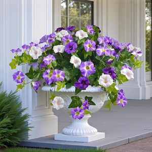 Artificial Flowers for Outdoors 2 Pack UV Resistant Petunias with Real Touch Plastic Leaves, Faux Flowers for Outdoor Planters, Silk Flowers for Outside Garden Porch