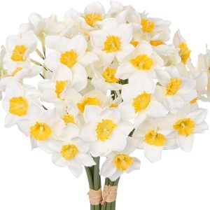Briful 12 Stems Daffodils Artificial Flowers 2 Bunches Real Touch Fake Narcissus Flower 9in Silk Spring Fake Flowers Wedding Floral Decor Bouquet