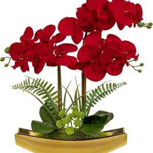 Briful Orchid Artificial Flowers 17" Silk Red Orchid Floral Arrangement with Gold Pot Real Touch Faux Orchid Plant for Home Office Room Kitchen Table Centerpiece Shelf Decor
