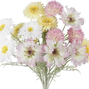 CISDUEO 4 Pcs Artificial Wildflowers Fake Cosmos with Long Stem Silk Flower Mums Artificial Flowers Arrangements for Wedding Bridal Bouquet Table Centerpiece Outdoor Summer Spring Decor