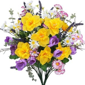 Fake Flowers Outdoor 15.7" Summer Artificial Wildflowers Bouquet Mixed Bush Faux Silk Flowers for Home Planter Porch Garden