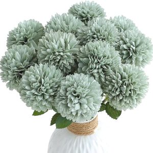 Floroom 12pcs Sage Green Faux Silk Mums Artificial Flowers Bulk Fake Chrysanthemums with Stems for DIY Wedding Table Centerpieces Floral Arrangements Vase Fillers Home Decorations