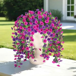Jasion 4 Bundles Artificial Hanging Flowers Outdoor Realistic Morning Glory Silk Fake Plants UV Resistant for Porch Balcony Fence Decor