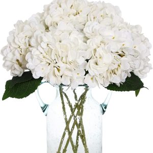 Kimura's Cabin 6pcs Faux White Hydrangeas Fake Flowers Artificial Silk Hydrangea with Stems Bouquets Arrangement for Home Table Centerpieces Wedding Baby
