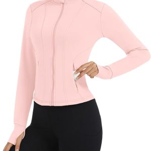 Loovoo Women's Workout Jacket Lightweight Zip Up Athletic Jackets Cropped Slim Fit Running Yoga Tops with Pockets