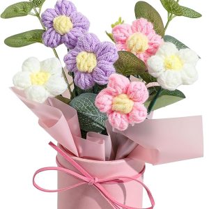 Vynora Crochet Daisy Flowers Bouquet, Handmade Daisy Artificial Flowers with Card for Mother's Day, Birthday, Wedding, Home Decor, Teacher's Day, Grandma Bday Gift (Purple)