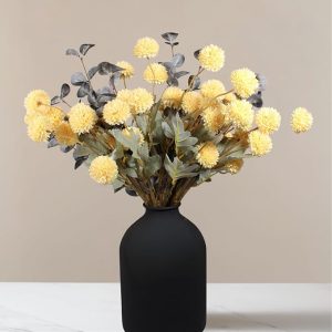 Yellow Flowers Artificial Long Stems Kiku Flower With Eucalyptus, Spring Flowers Decor, Mustard Yellow Decor, Flores Amarillas Artificiales Para Decoracion