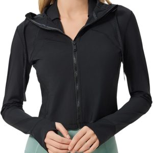 altiland Lightweight Workout Hooded Jacket for Women, UPF 50+ Cropped Full Zip Athletic Gym Running Jackets with Thumb Holes