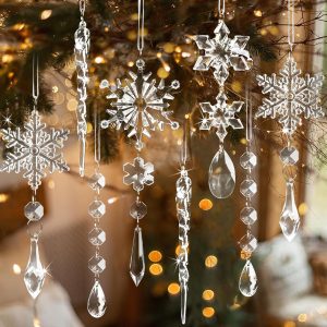 18pcs Crystal Christmas Ornaments for Tree Decorations-Hanging Acrylic Snowflake Icicle Ornaments with Drop Pendants for Winter