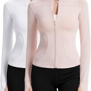 2 Pack Women's UPF 50+ Sun Protection Jackets Cooling Athletic Lightweight Cropped Full Zip Long Sleeve Shirt Hiking
