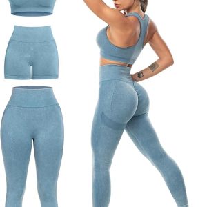 3 Piece Workout Sets for Women Butt Lifting Leggings with High Impact Sports Bra Gym Shorts