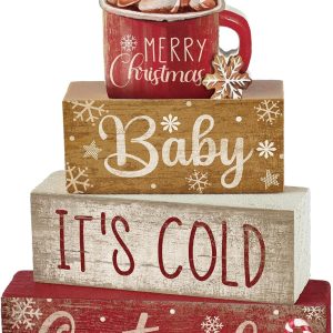 4 Pcs Christmas Table Decor Wooden Hot Cocoa Decoration Christmas Centerpiece Winter Tiered Tray Decor Decorative Red Hot Cocoa Block Signs
