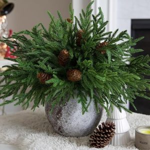 Artificial Christmas Norfolk Pine Stems Branches for Vases,12 Bundles Faux Pine Branches with 5 PCS Big Pinecones Stems Fake Greenery Evergreen Real