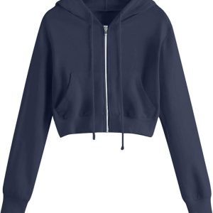 Cropped Zip Up Hoodie Women Lightweight Casual Sweatshirts Workout Long Sleeve Drawstring Hooded Jacket Crop Tops