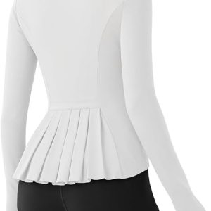 Fisoew Women's Zip Up Workout Jacket Pleated Lightweight Slim Fit Stand Collar Thumb Hole Tops with Pockets