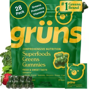 Gruns Adults Super Greens Multivitamin Gummies, Superfood Vitamin Gummy Bears with Spirulina, Chlorella, Prebiotic Fiber for Digestive Health