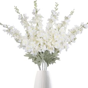 IPOPU 6 pcs White Delphinium Artificial Flowers Larkspur Artificial Flowers, 33.5 in Fake Flowers Bulk Silk Flowers with Stems Real Look
