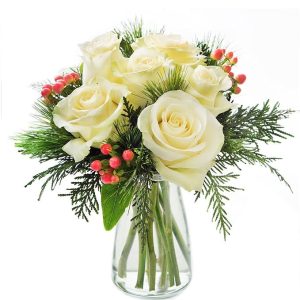 KaBloom PRIME NEXT DAY DELIVERY - Noel White Roses Accented with Red Berries and Seasonal Greens with Vase.Gift for Birthday, Sympathy, Anniversary, Thank You, Valentine, Mother’s Day Fresh Flowers