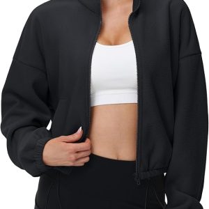 MAGCOMSEN Women's Full Zip Fleece Jacket Cropped Warm Winter Coats with Pockets Stand Collar Workout Top Drawstring Hem